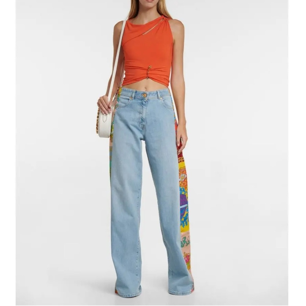 Versace Light Blue Flare Jeans with Multicolor Side Panels - Picture 3 of 11